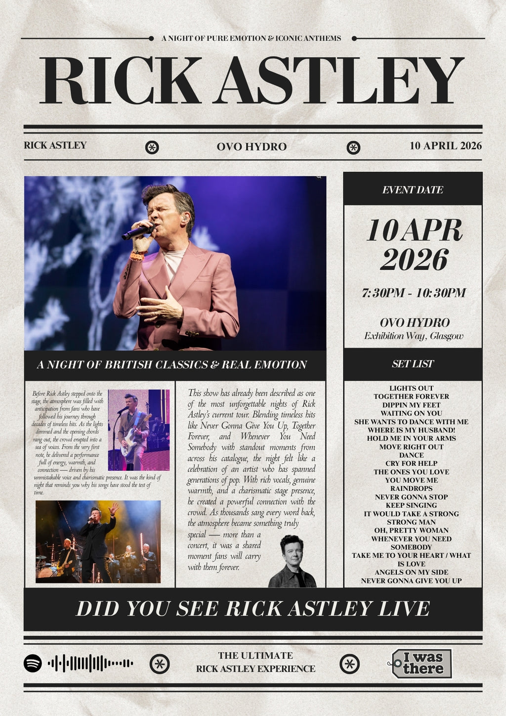 Rick Astley - Personalised Newspaper Style Concert Poster
