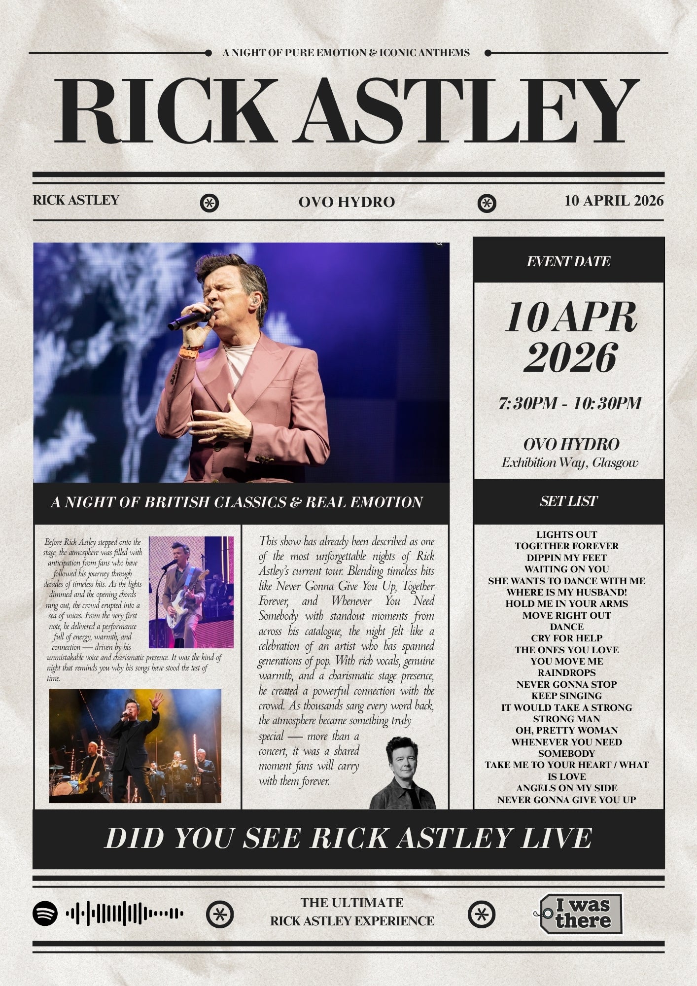 Rick Astley - Personalised Newspaper Style Concert Poster