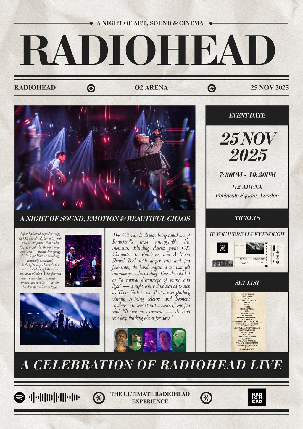 Radiohead O2 London - Personalised Newspaper Style Concert Poster