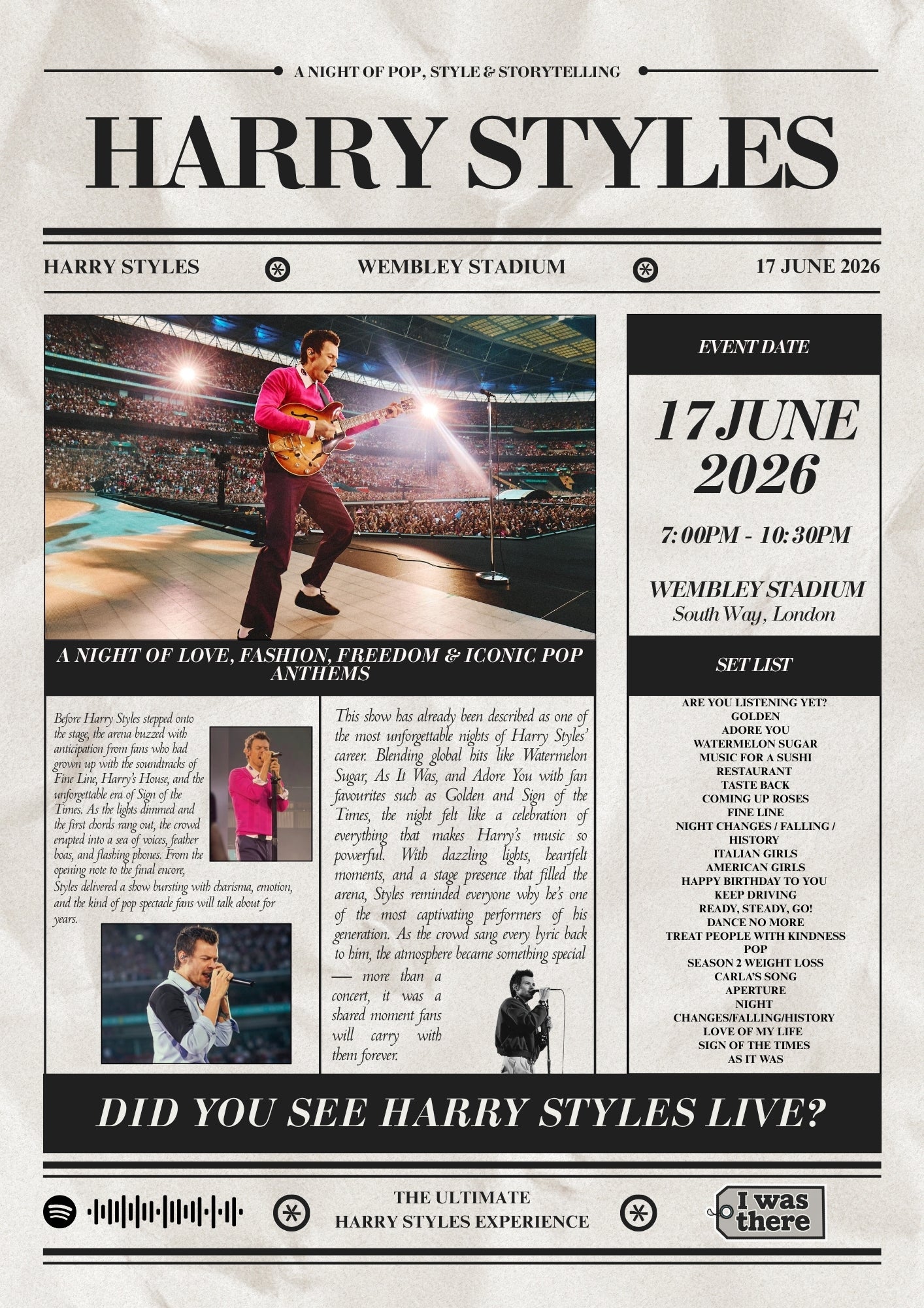 Harry Styles - Personalised Newspaper Style Concert Poster