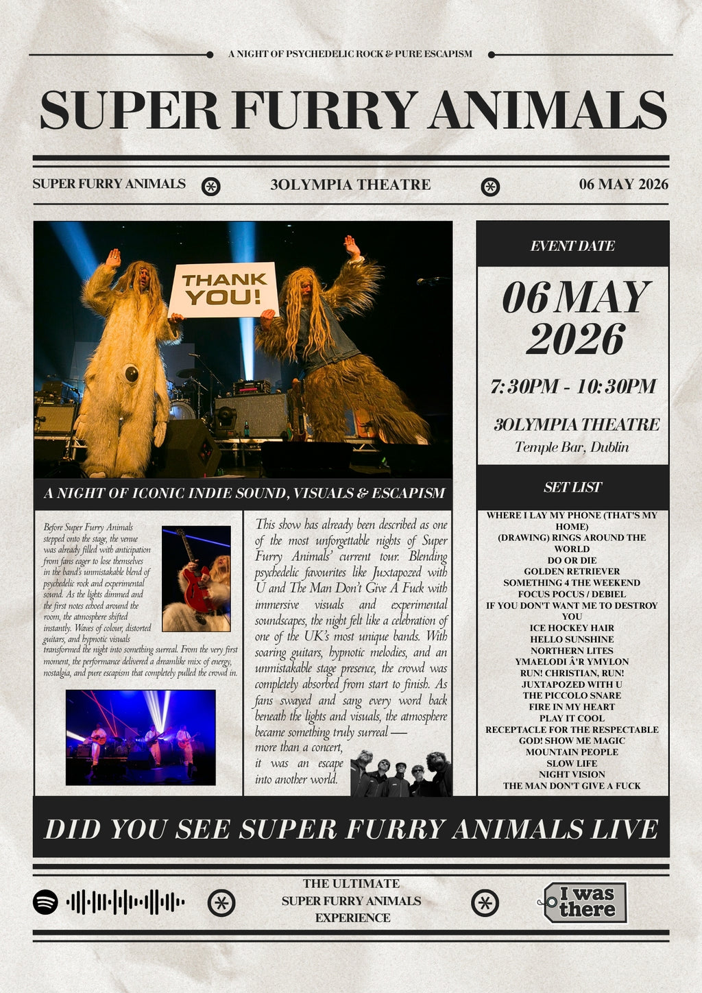 Super Furry Animals - Personalised Newspaper Style Concert Poster