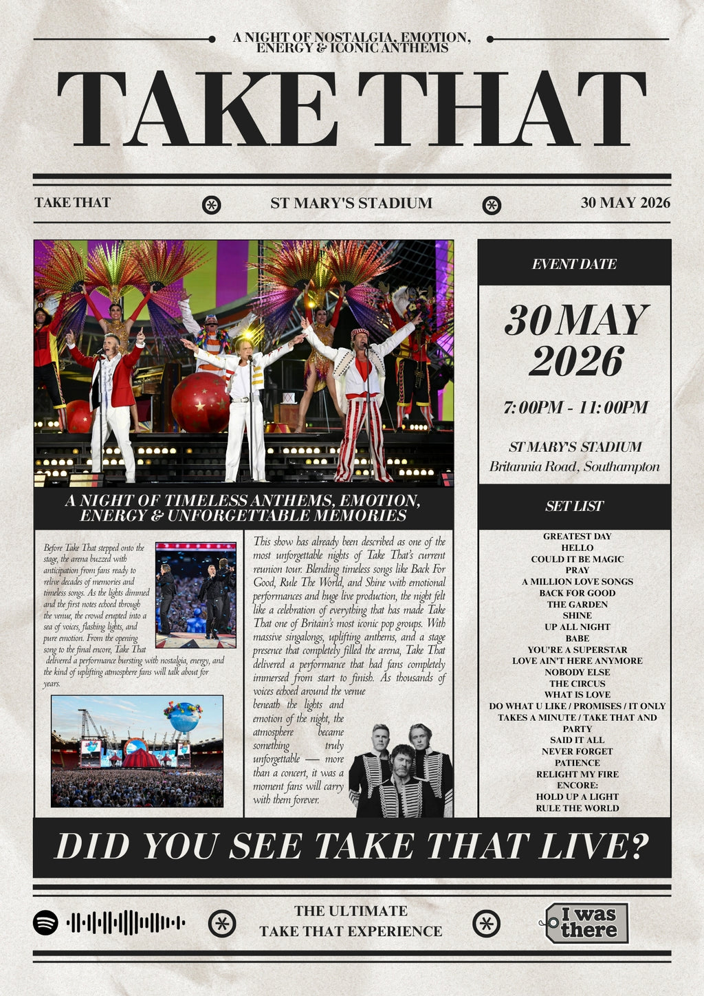 Take That - Personalised Newspaper Style Concert Poster