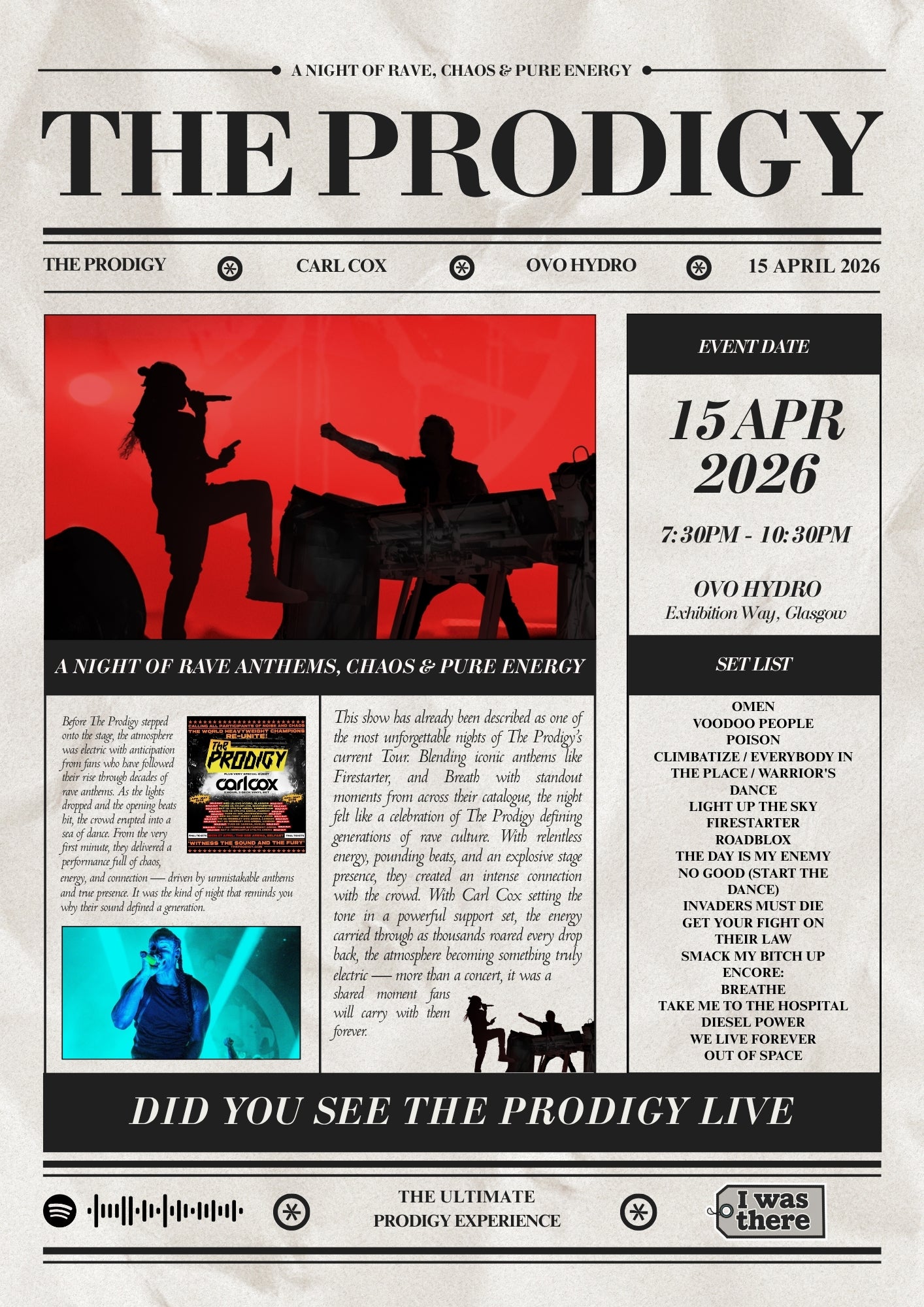 The Prodigy - Personalised Newspaper Style Concert Poster