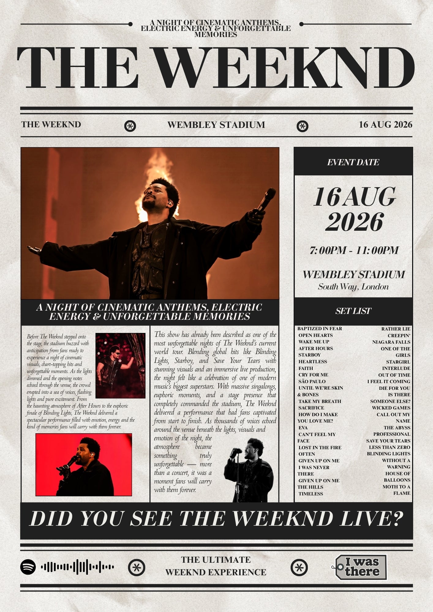 The Weeknd - Personalised Newspaper Style Concert Poster
