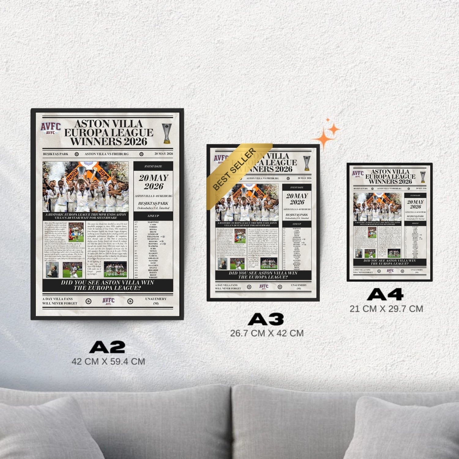 Aston Villa Europa League Winners 2026 - Newspaper Style Poster