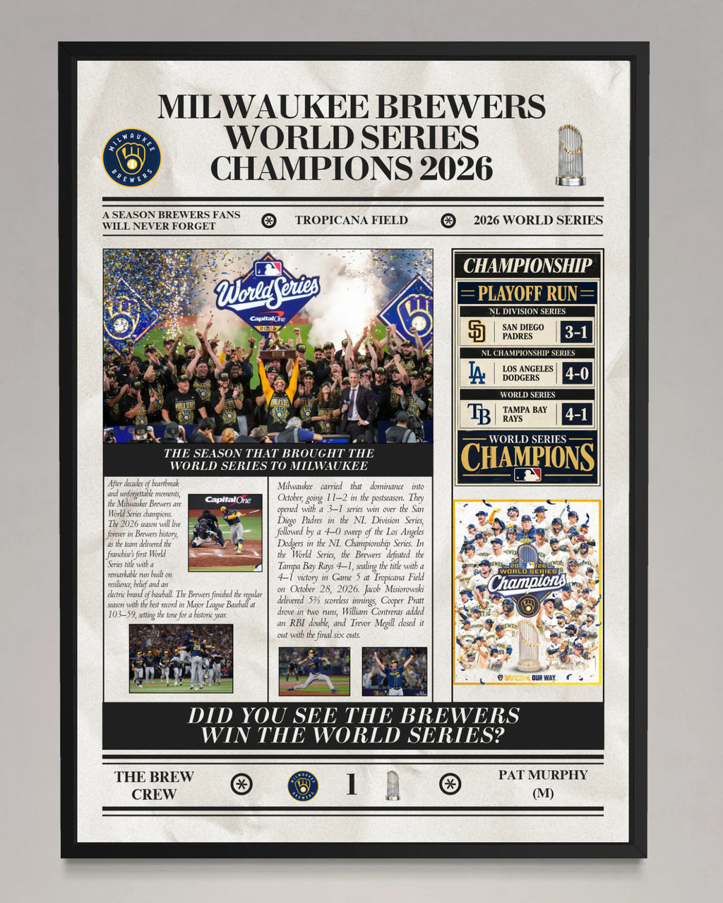 Milwaukee Brewers World Series Champions 2026 - Newspaper Style Poster