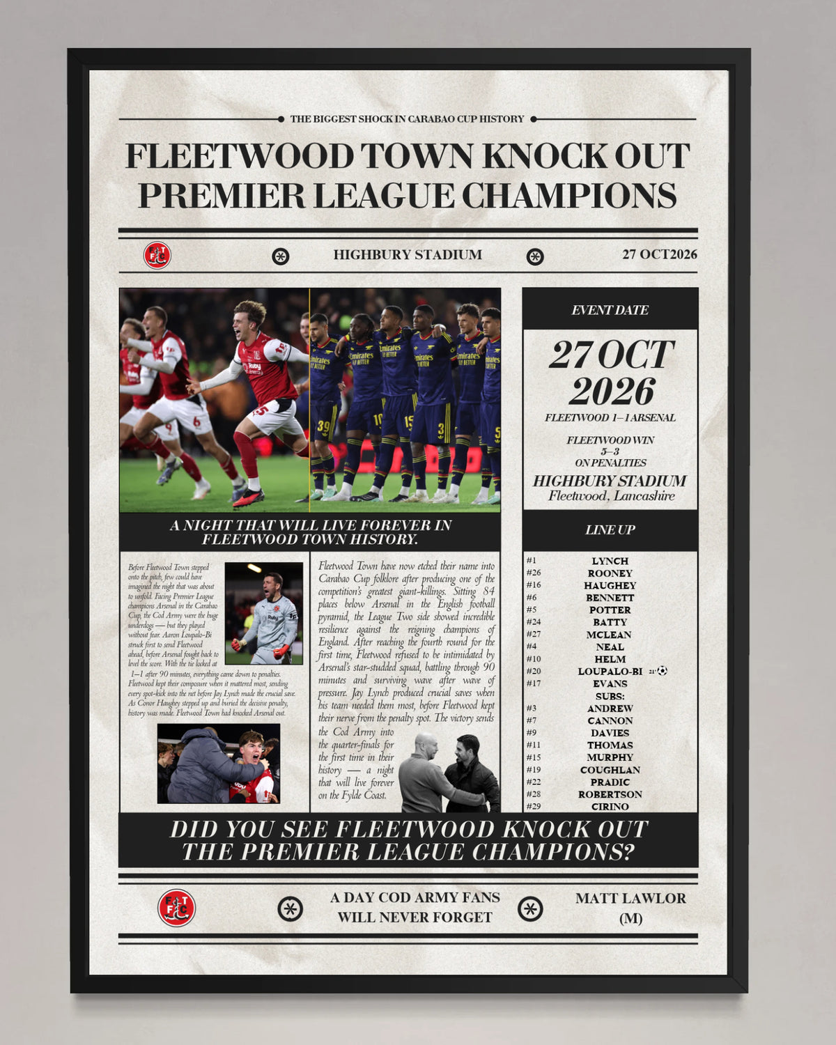Fleetwood Town vs Arsenal – Carabao Cup 2026 Poster