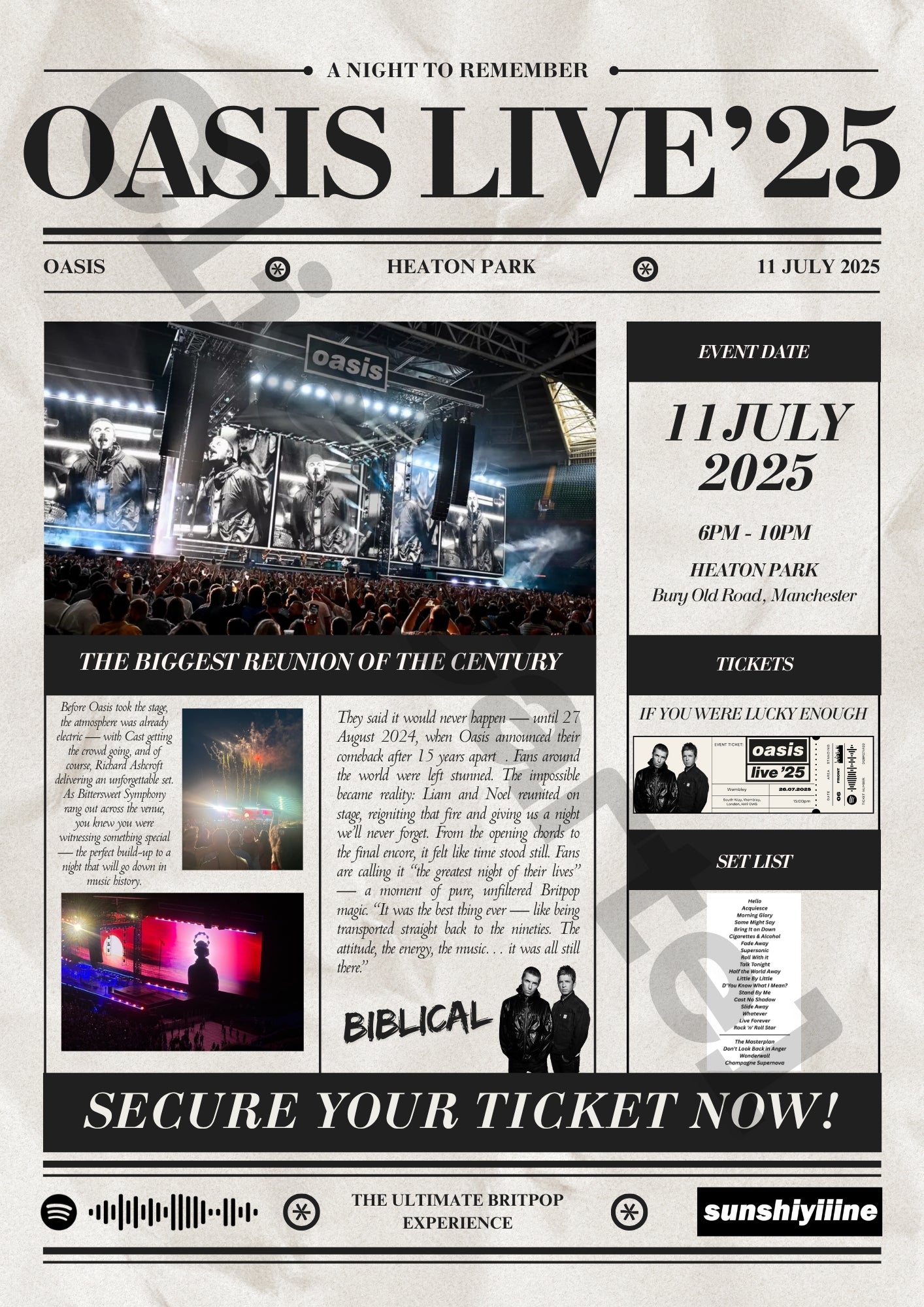 Oasis Live'25 Personalised Newspaper Poster - Oasis Inspired Print