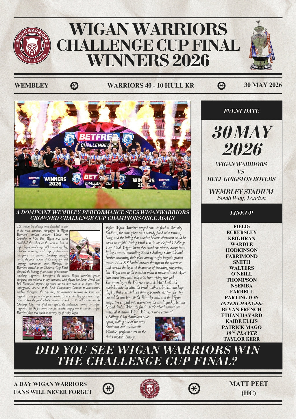 Wigan Warriors Challenge Cup Final Winners 2026 - Newspaper Style Poster