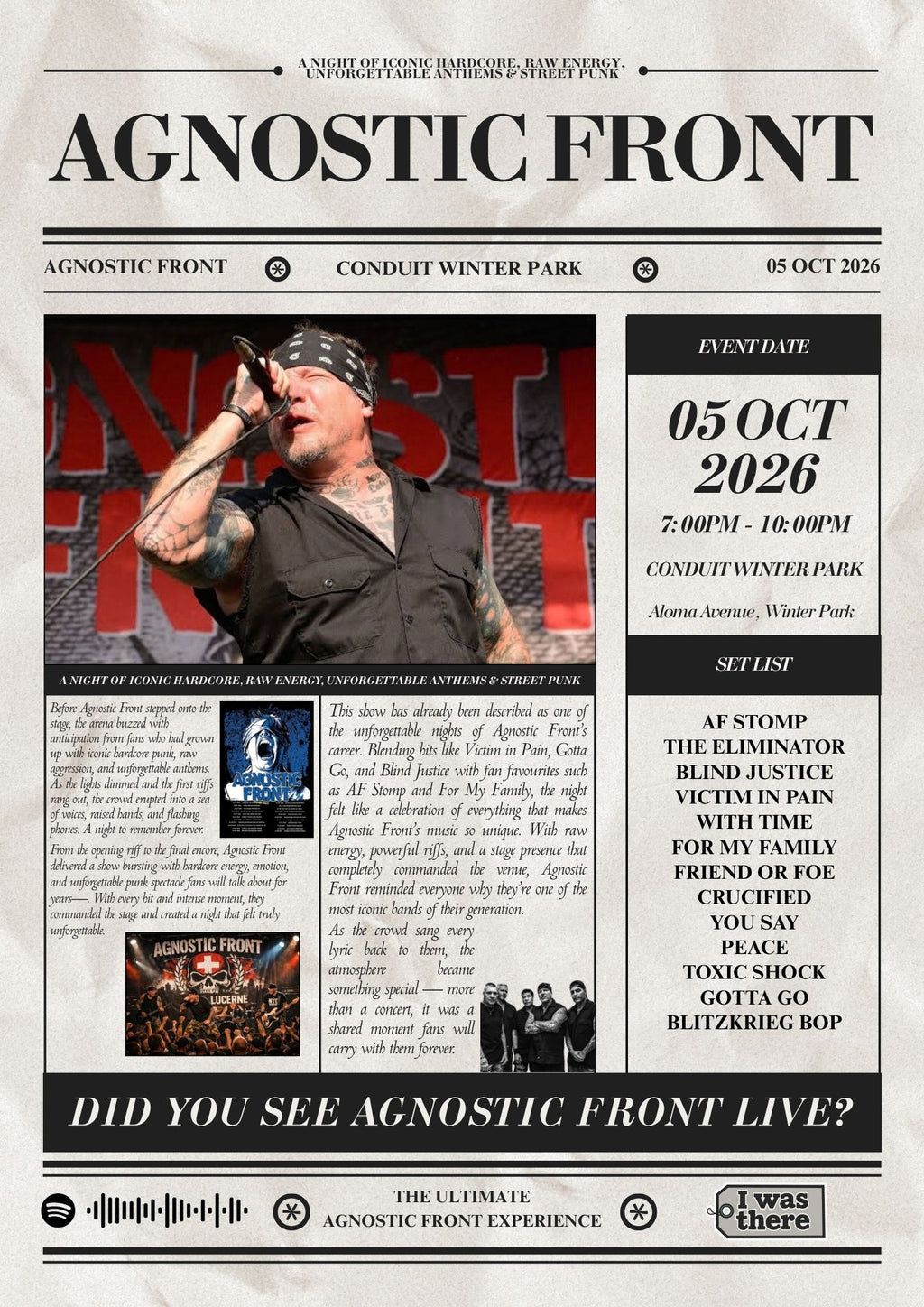 Agnostic Front - Personalised Newspaper Style Concert Poster (USA Tour)