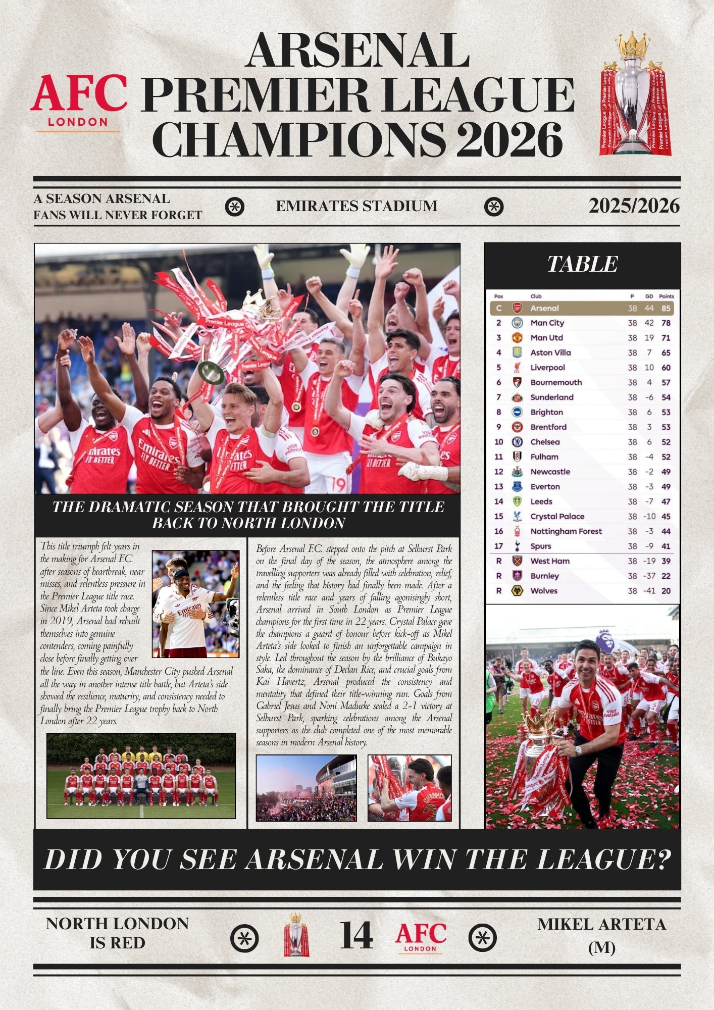 Arsenal Premier League Champions 2026 - Newspaper Style Poster