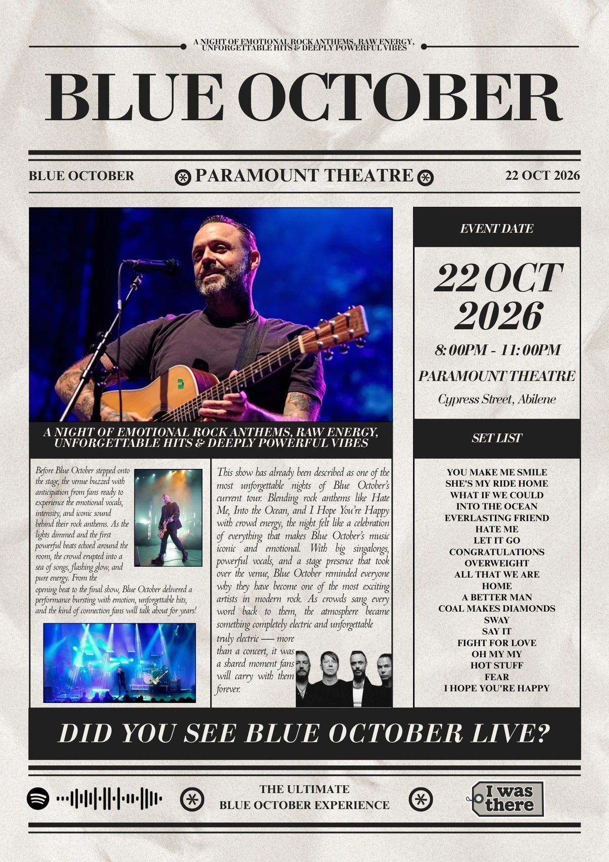 Blue October - Personalised Newspaper Style Concert Poster (USA Tour)