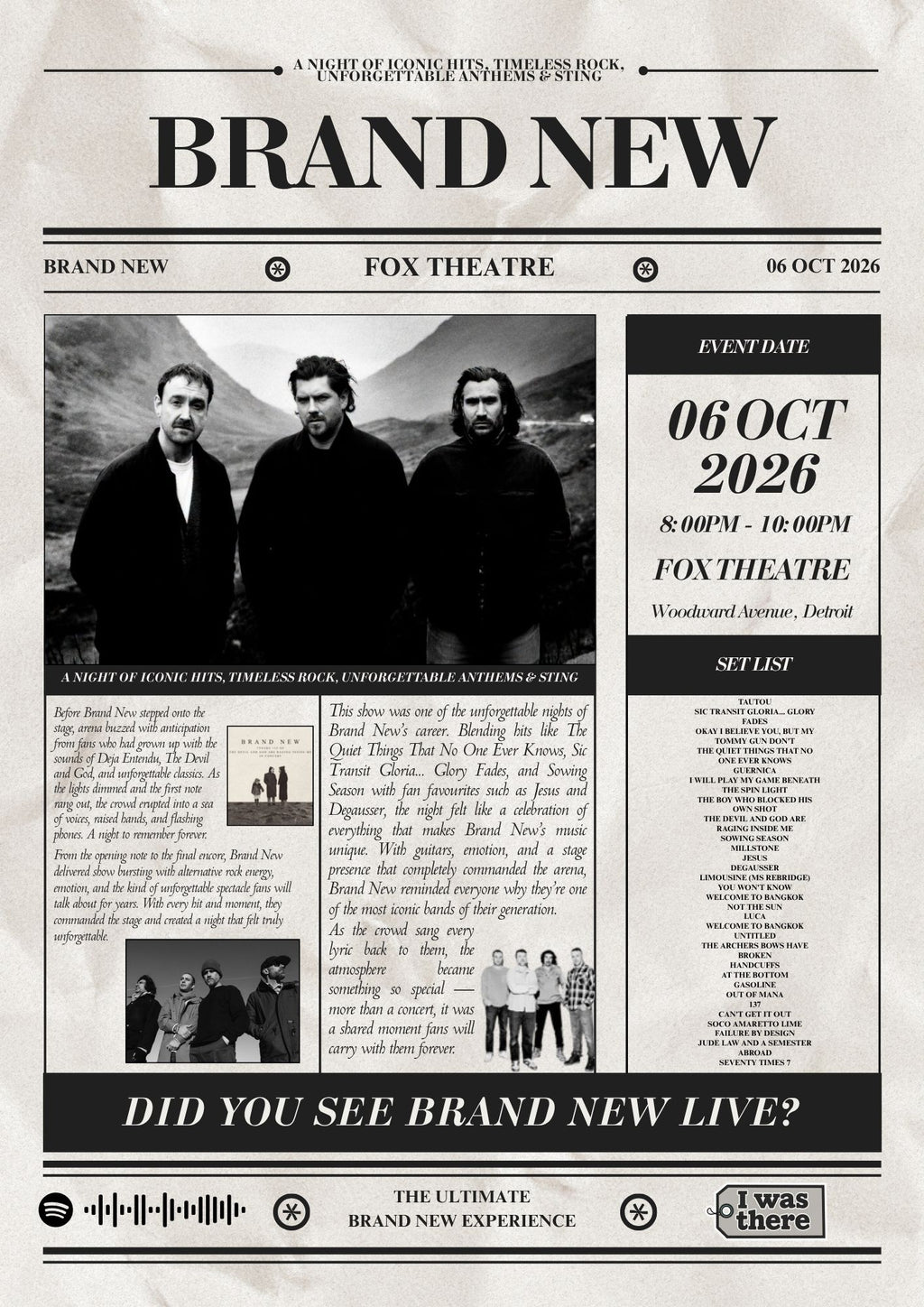Brand New - Personalised Newspaper Style Concert Poster (USA Tour)