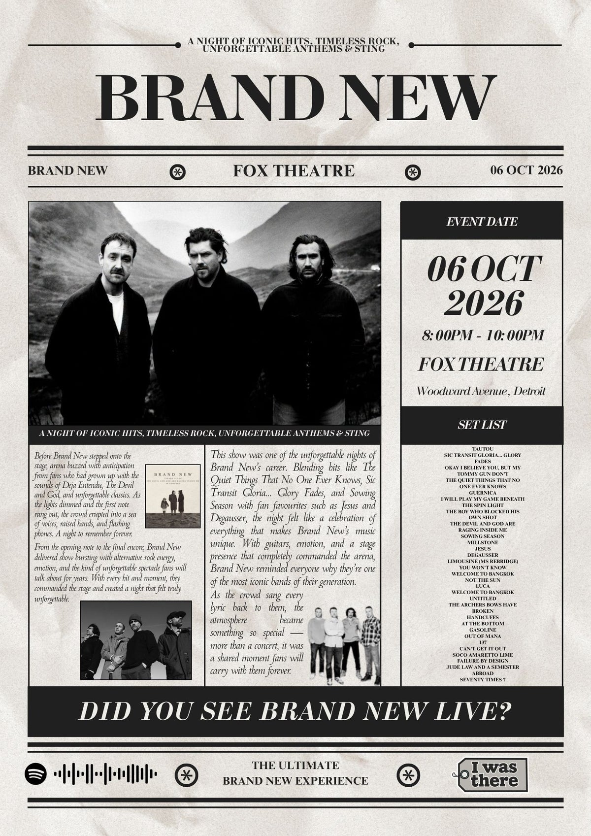 Brand New - Personalised Newspaper Style Concert Poster (USA Tour)