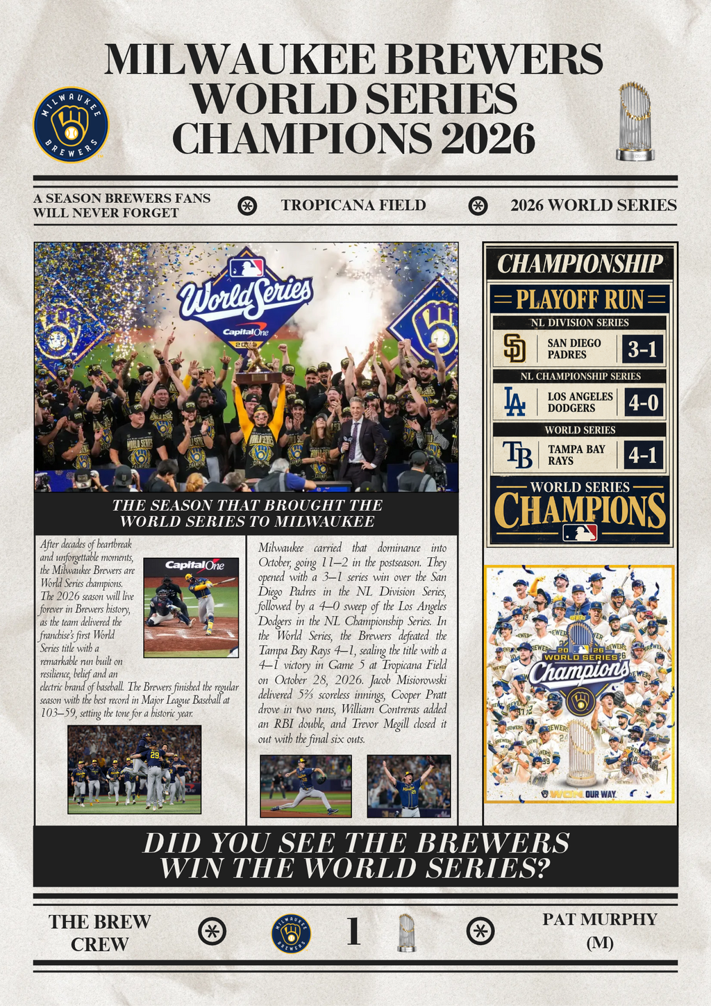 Milwaukee Brewers World Series Champions 2026 - Newspaper Style Poster
