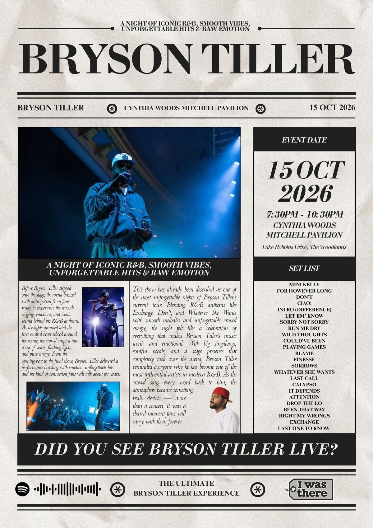 Bryson Tiller - Personalised Newspaper Style Concert Poster (USA Tour)