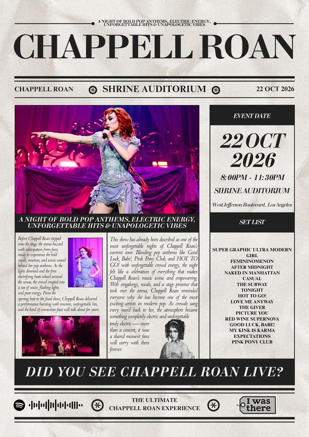 Chappell Roan - Personalised Newspaper Style Concert Poster (USA Tour)