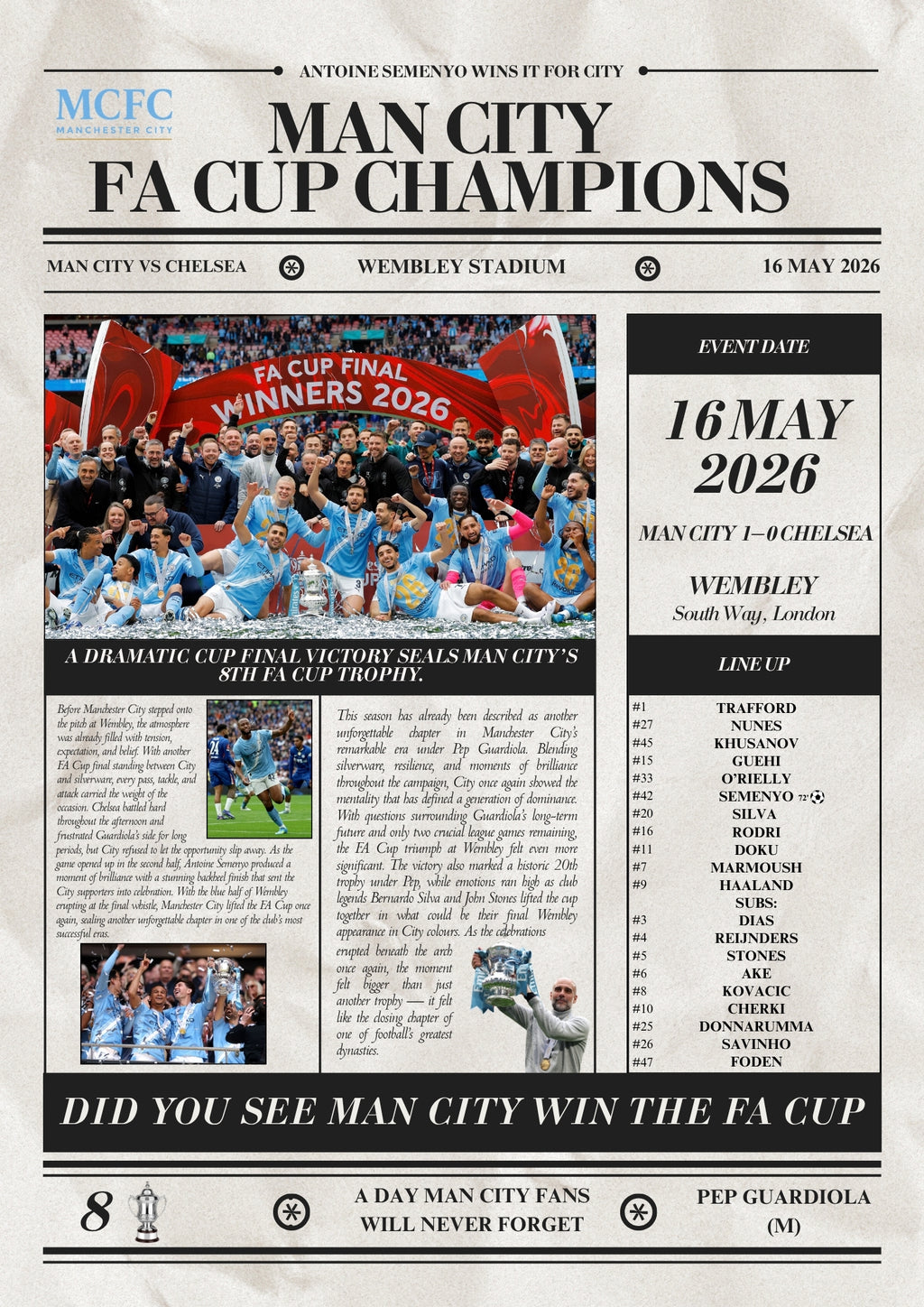 Man City FA Cup Champions 2026 - Newspaper Poster