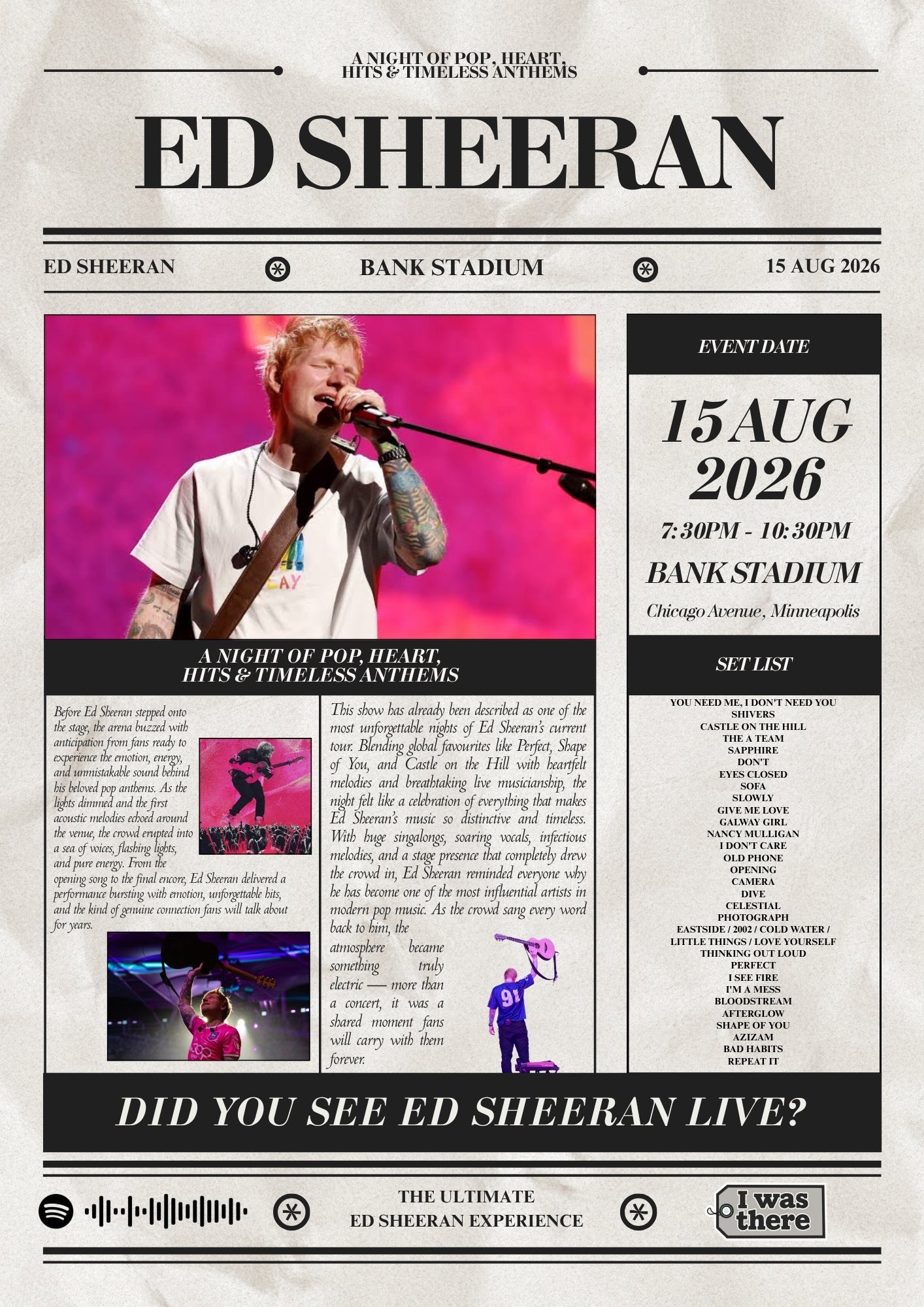 Ed Sheeran - Personalised Newspaper Style Concert Poster (USA Tour)