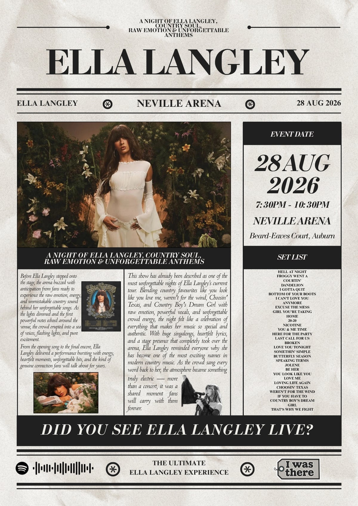 Ella Langley - Personalised Newspaper Style Concert Poster (USA Tour)