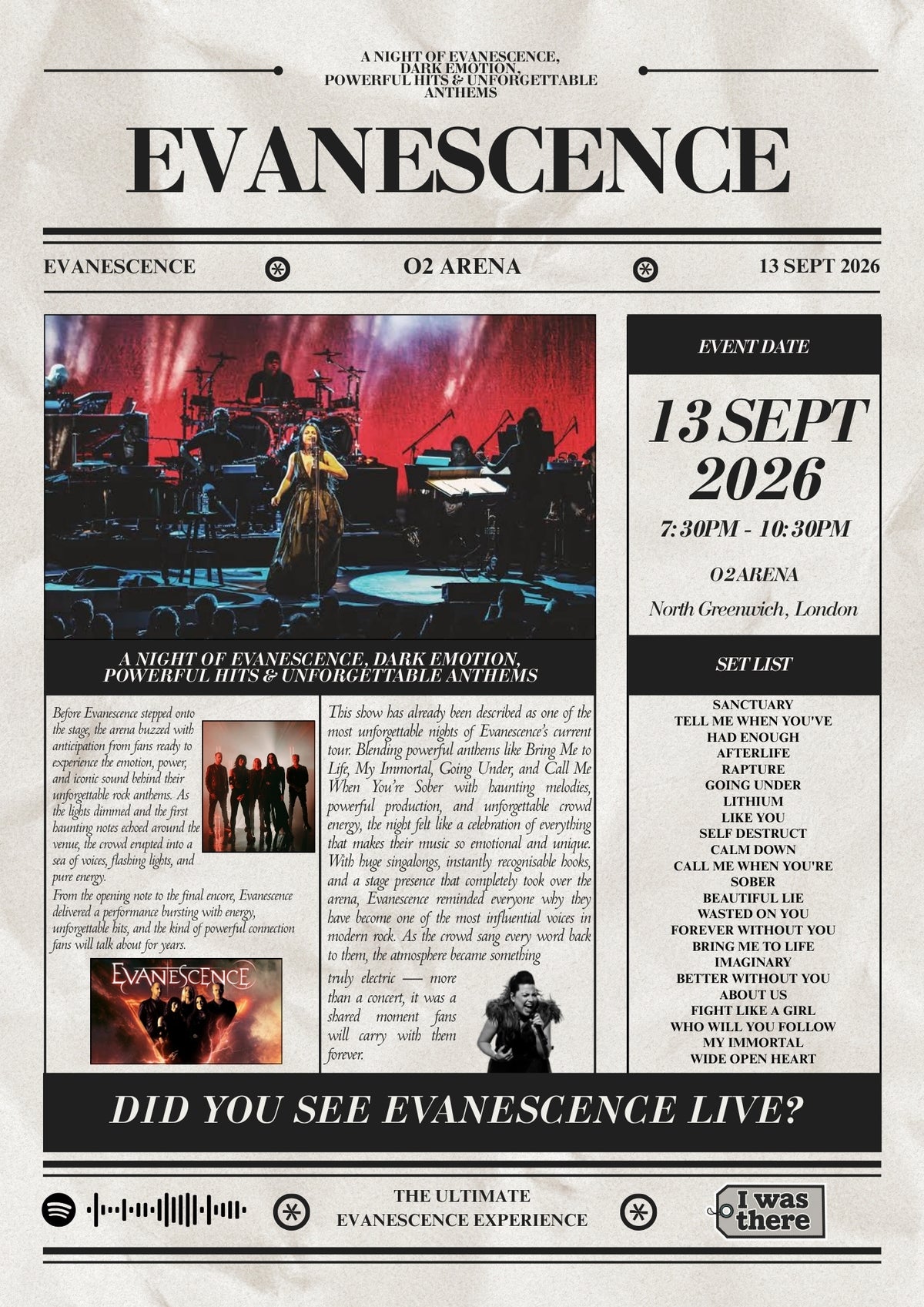 Evanescence - Personalised Newspaper Style Concert Poster