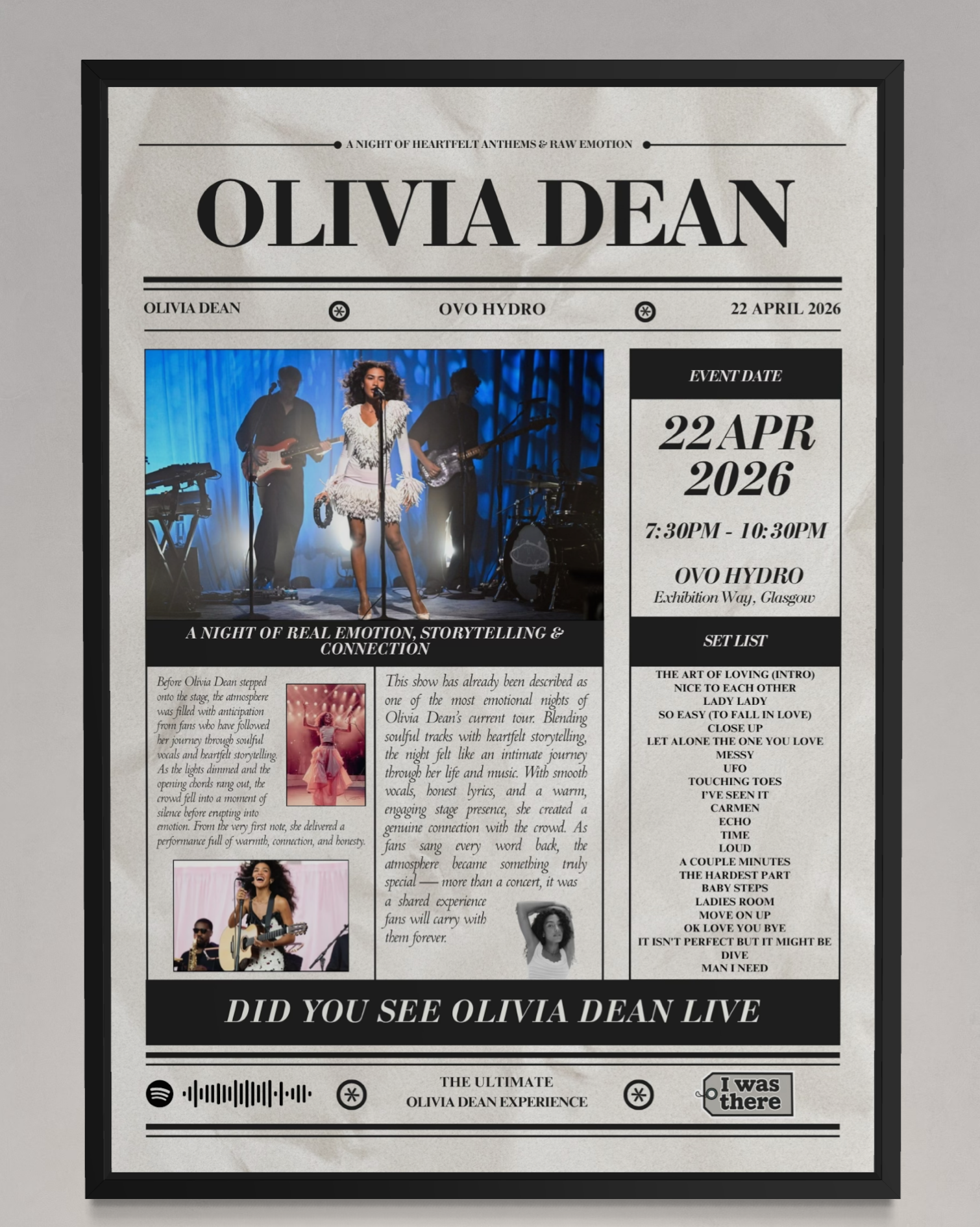 Olivia Dean - Personalised Newspaper Style Concert Poster