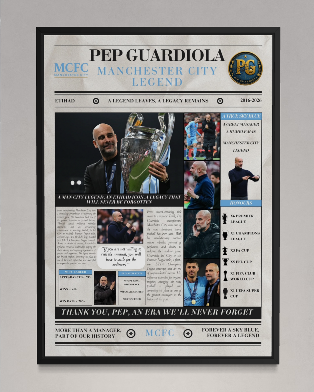 Pep Guardiola Man City Legends Poster - Newspaper Print