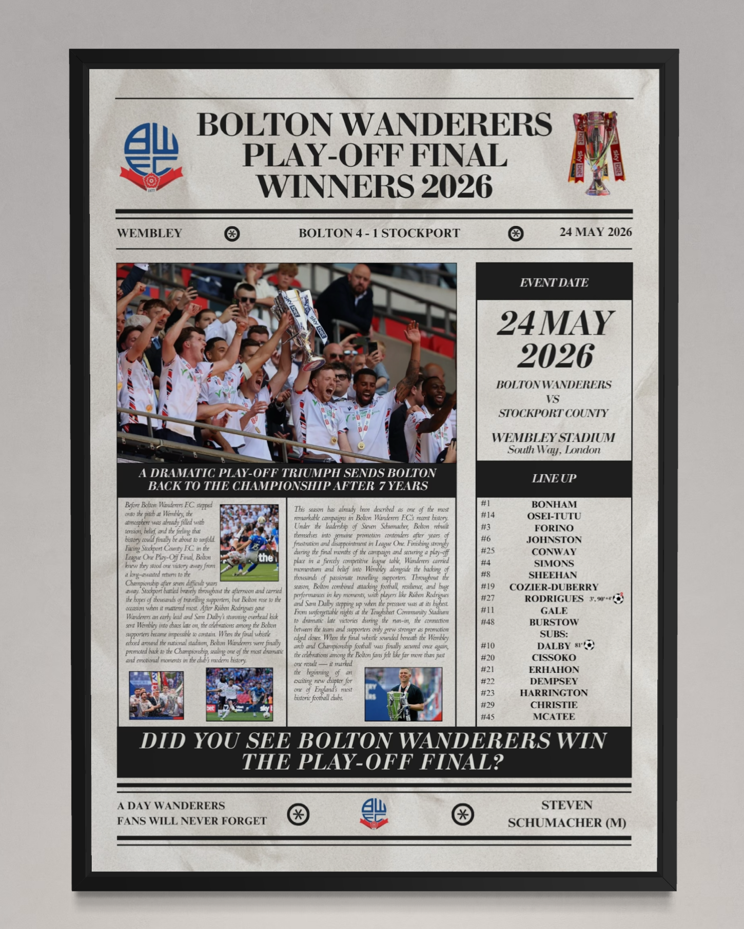 Bolton Wanderers Play Off Winners 2026 - Newspaper Style Poster