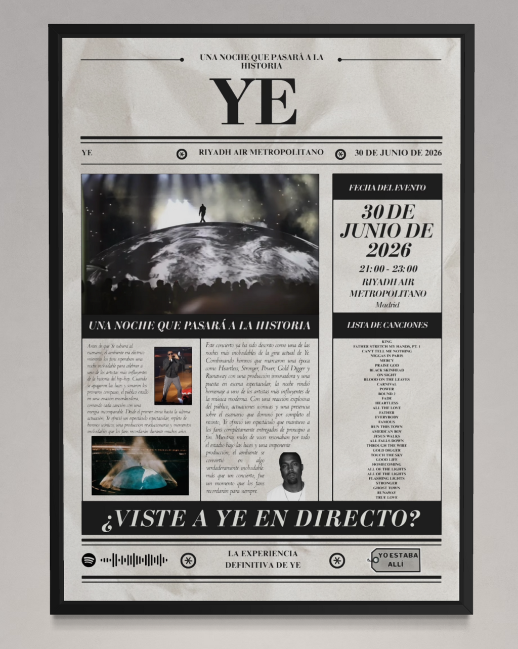 Póster personalizado de concierto de Kanye West estilo periódico