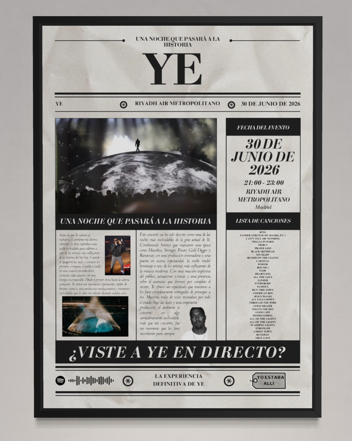 Póster personalizado de concierto de Kanye West estilo periódico