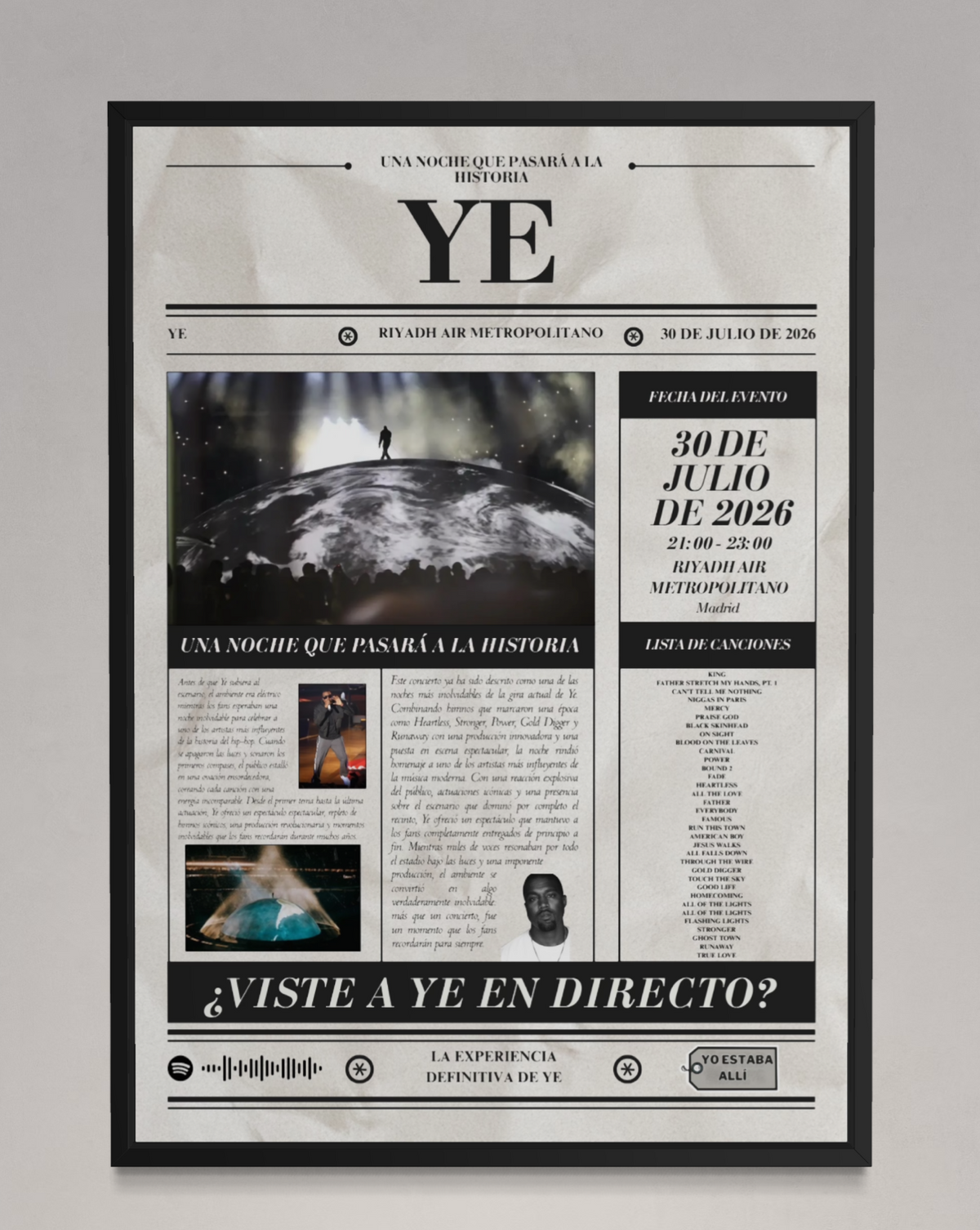 Póster personalizado de concierto de Kanye West estilo periódico