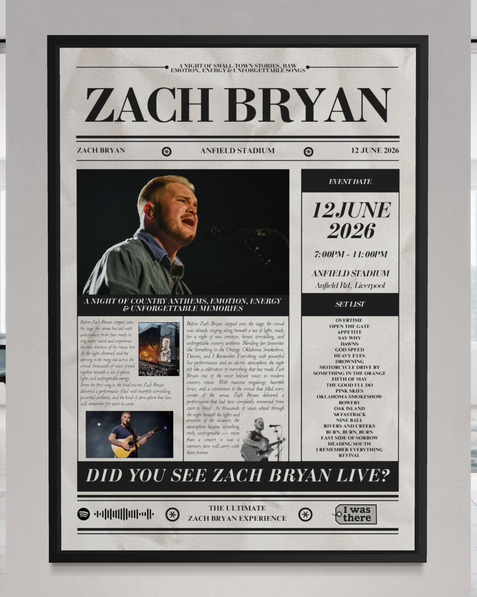 Zach Bryan - Personalised Newspaper Style Concert Poster