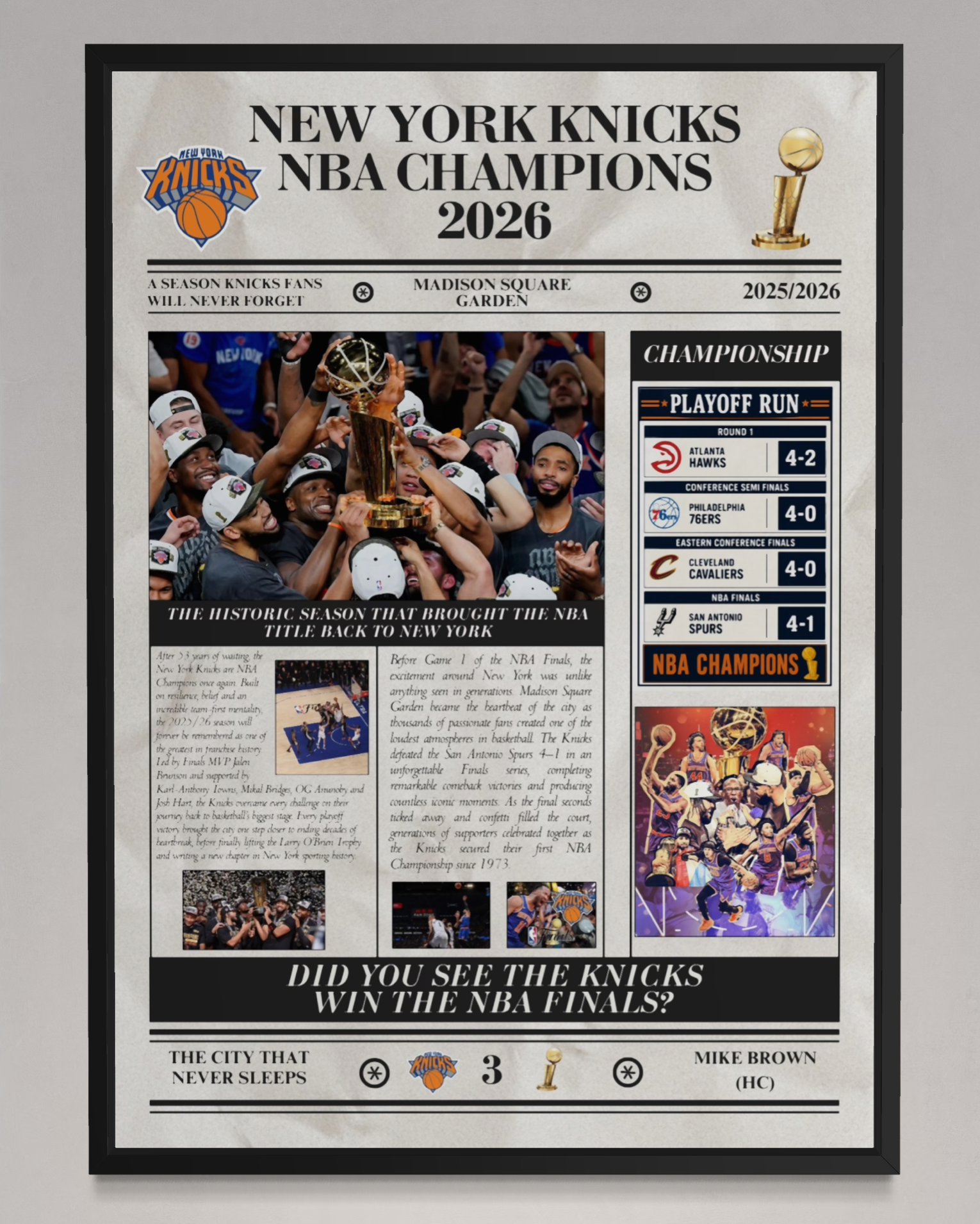 New York Knicks NBA Champions 2026 - Newspaper Style Poster