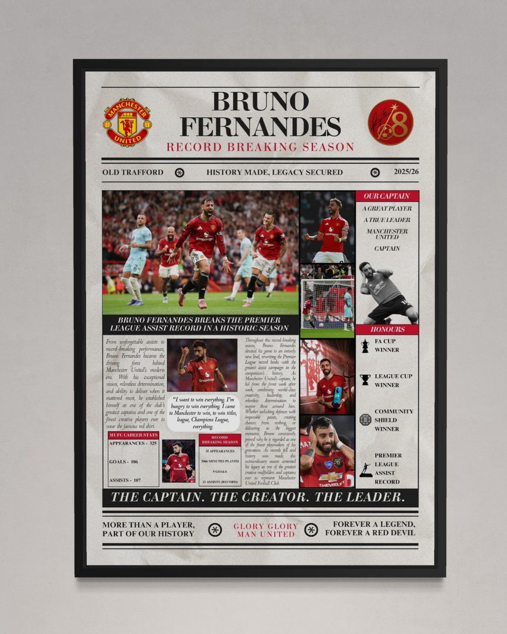 Bruno Fernandes Record Breaking Season Poster - Man United Newspaper Style Print