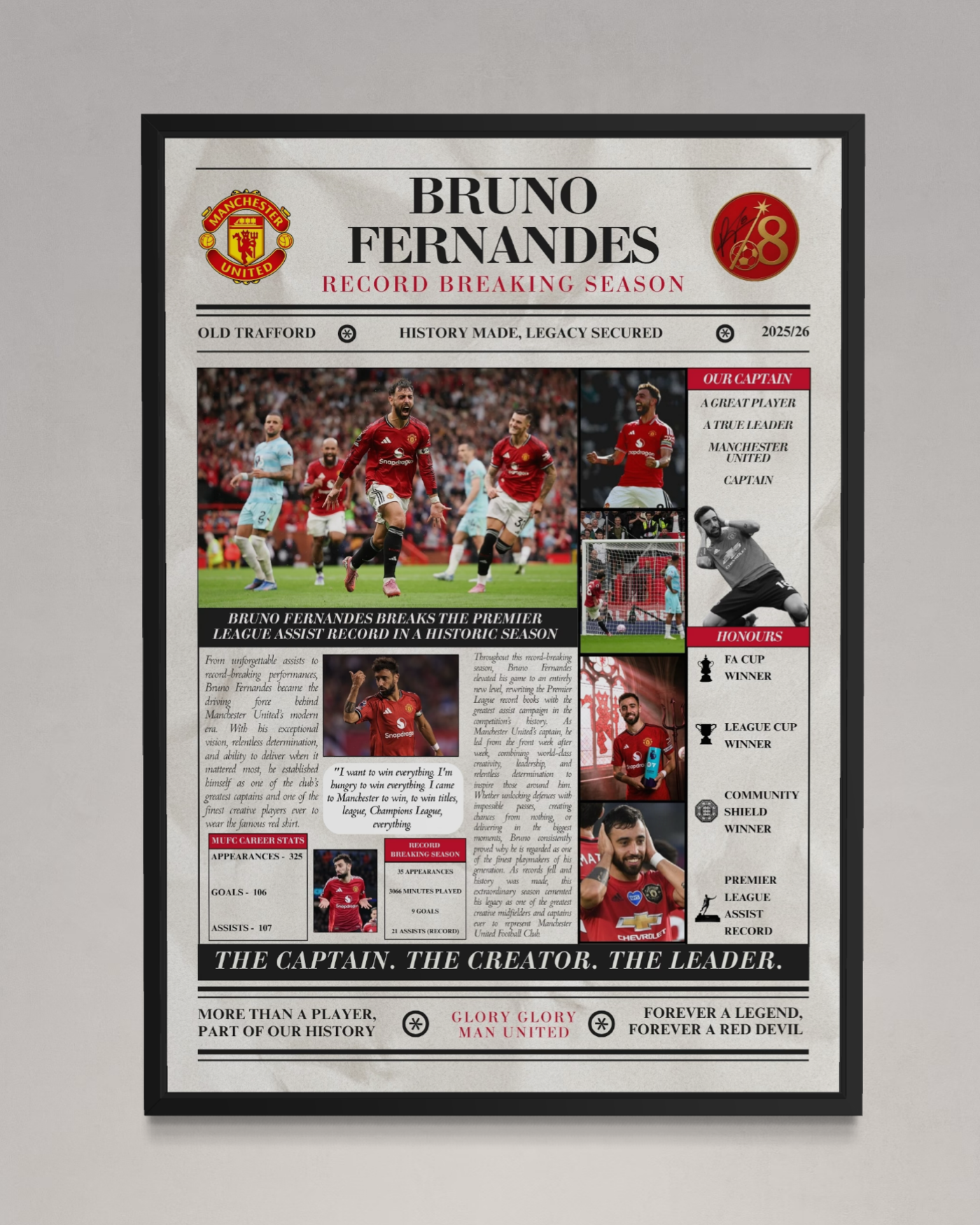 Bruno Fernandes Record Breaking Season Poster - Man United Newspaper Style Print
