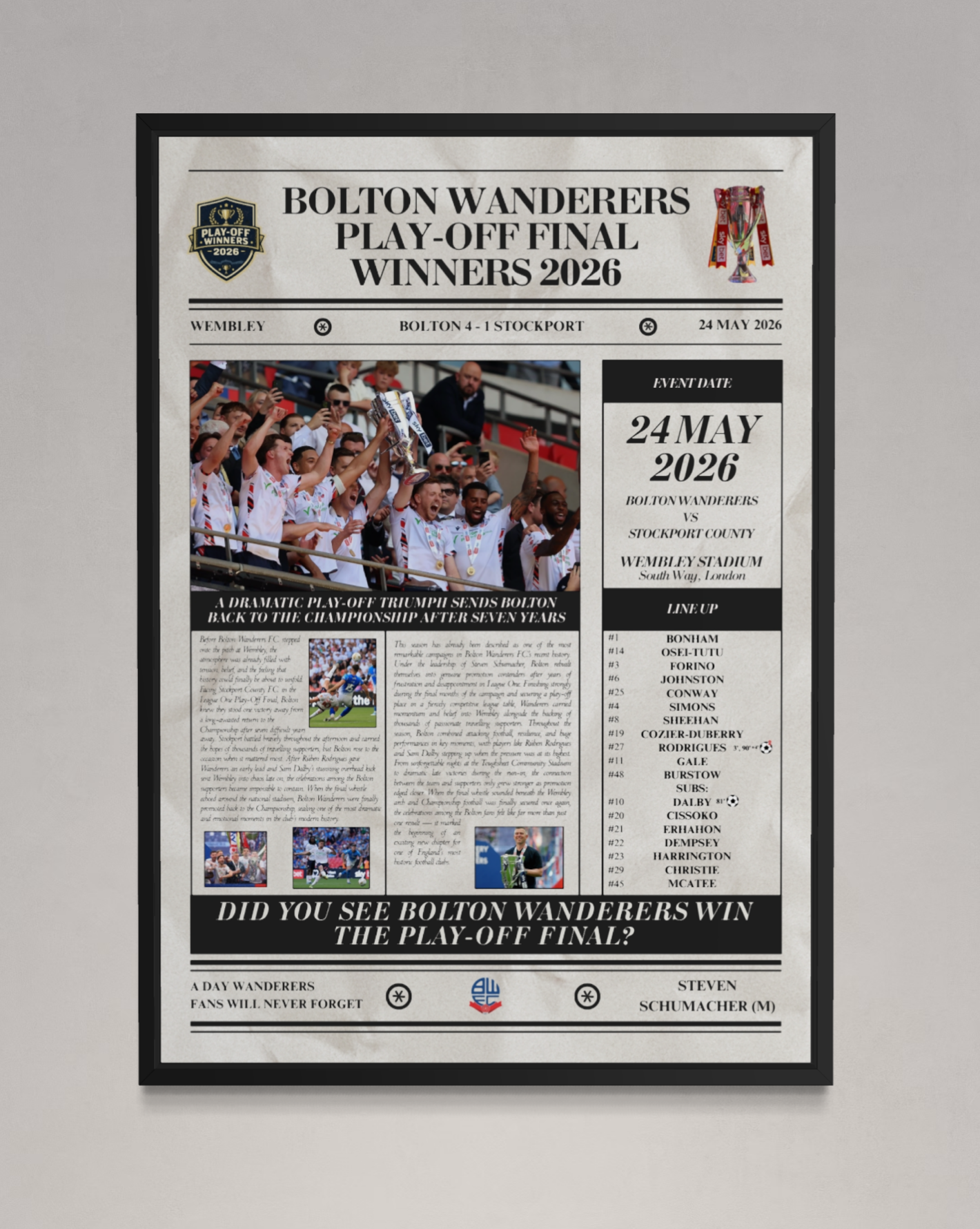 Bolton Wanderers Play Off Winners 2026 - Newspaper Style Poster
