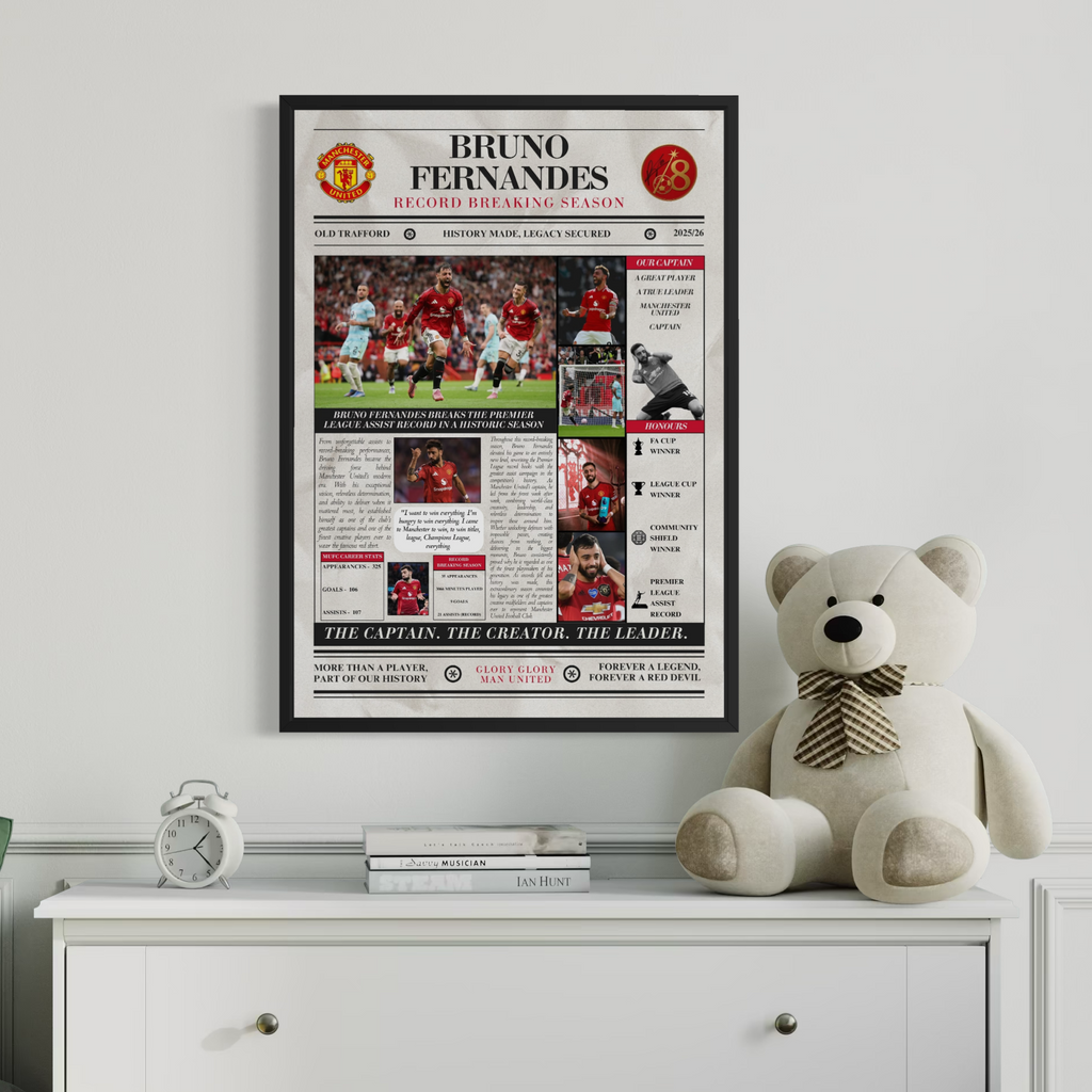 Bruno Fernandes Record Breaking Season Poster - Man United Newspaper Style Print