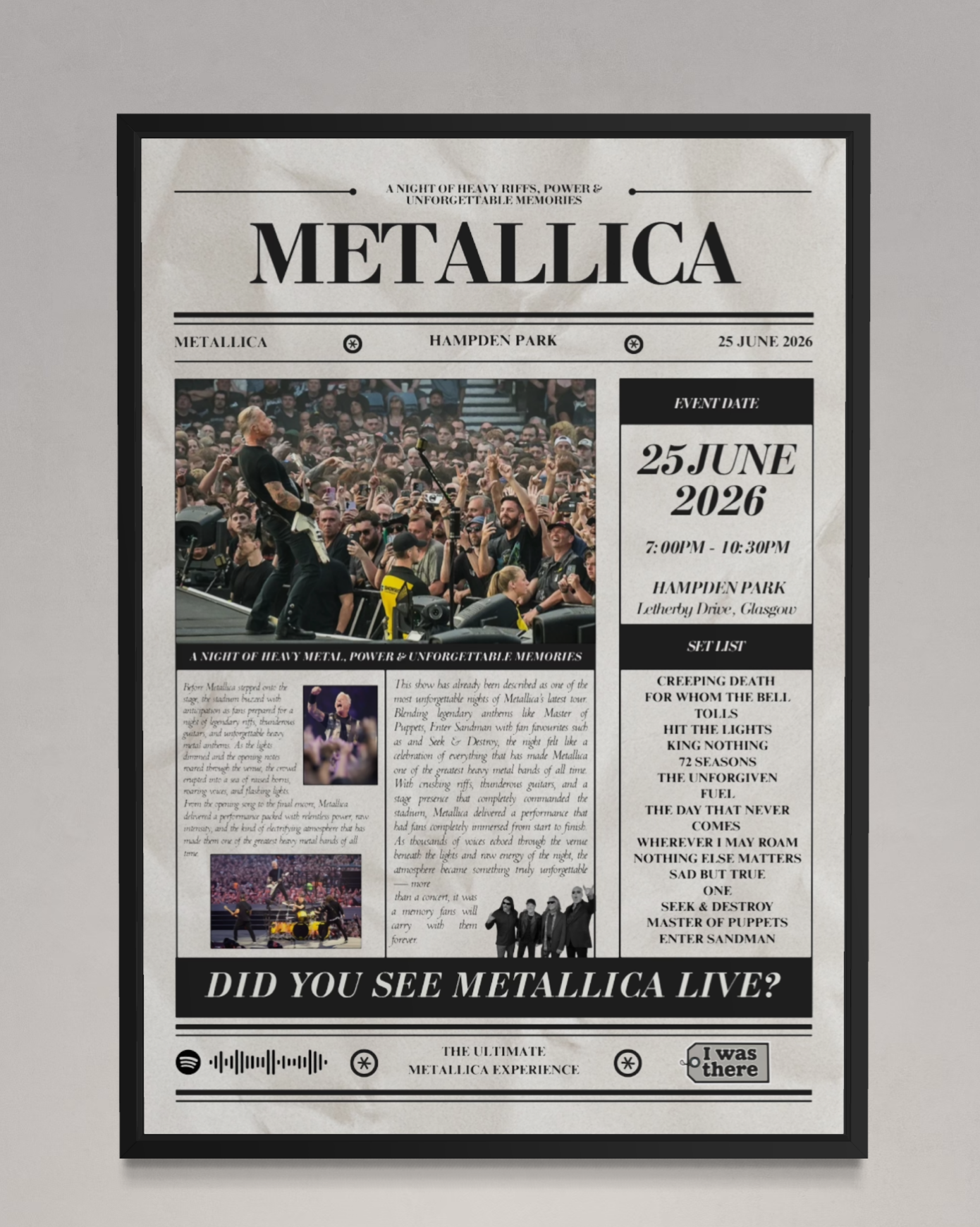 Metallica - Personalised Newspaper Style Concert Poster