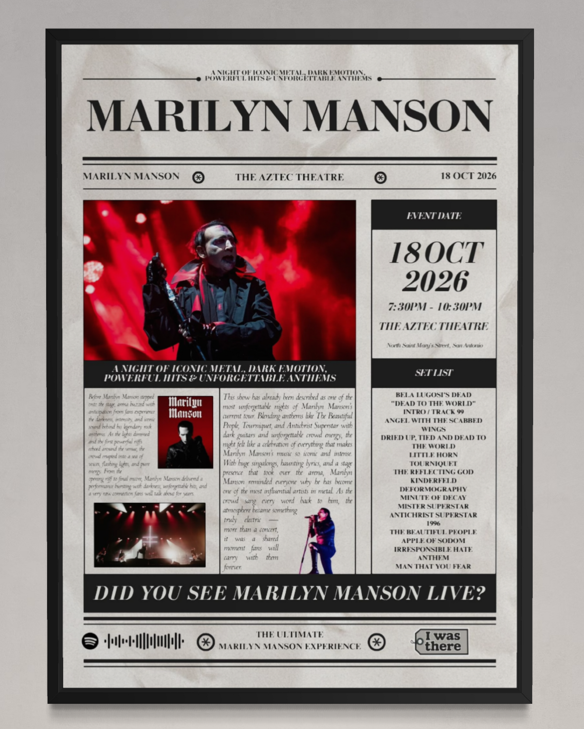 Marilyn Manson - Personalised Newspaper Style Concert Poster (USA Tour)