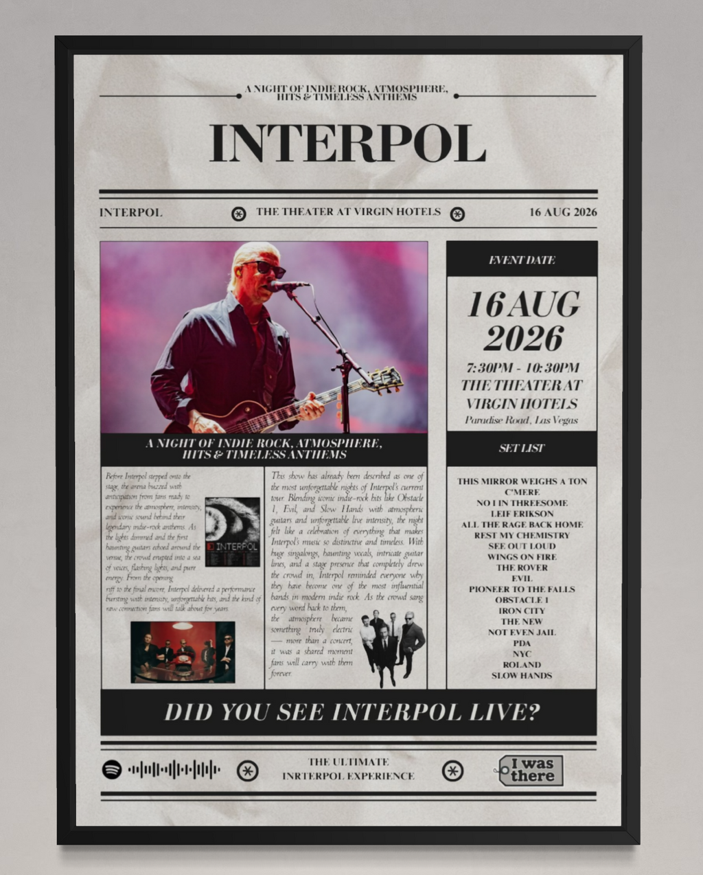 Interpol - Personalised Newspaper Style Concert Poster (USA Tour)