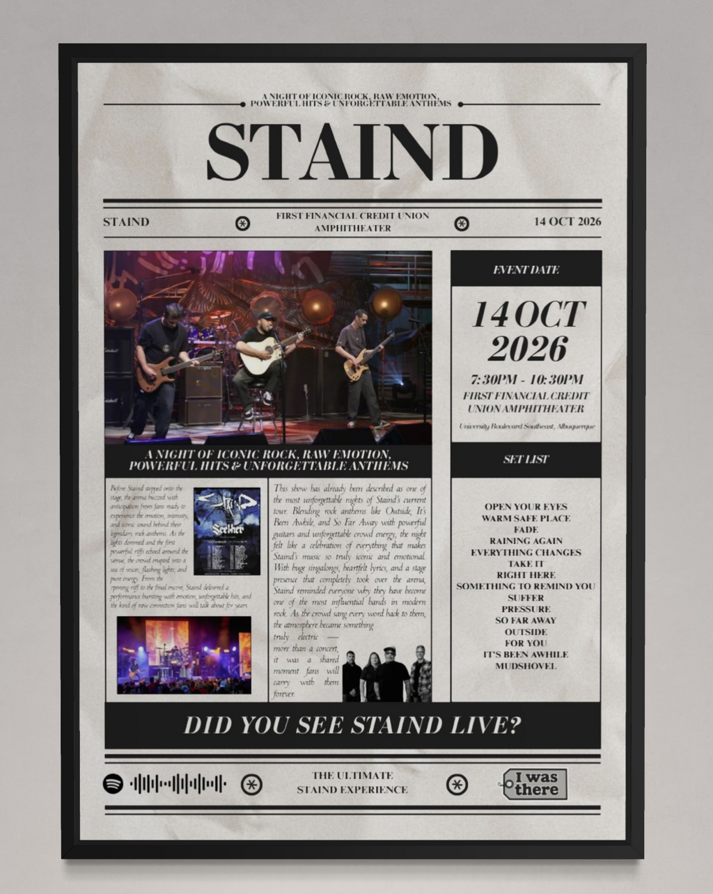 Staind - Personalised Newspaper Style Concert Poster (USA Tour)
