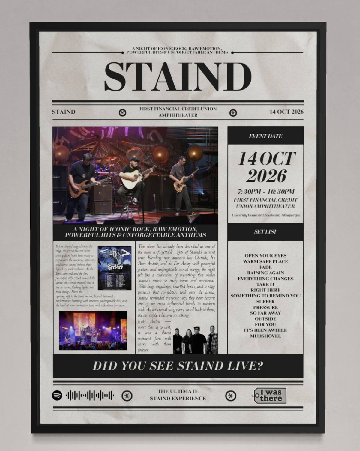 Staind - Personalised Newspaper Style Concert Poster (USA Tour)