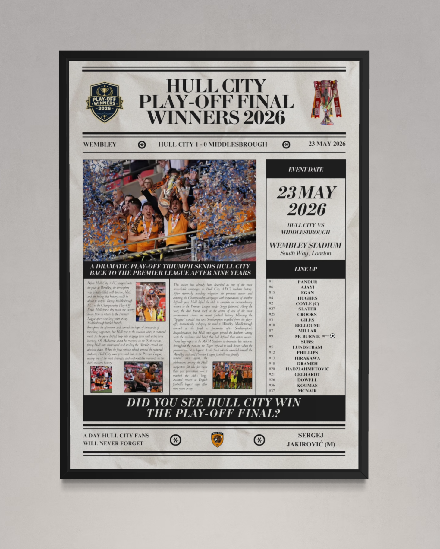 Hull City Play Off Winners 2026 - Newspaper Style Poster