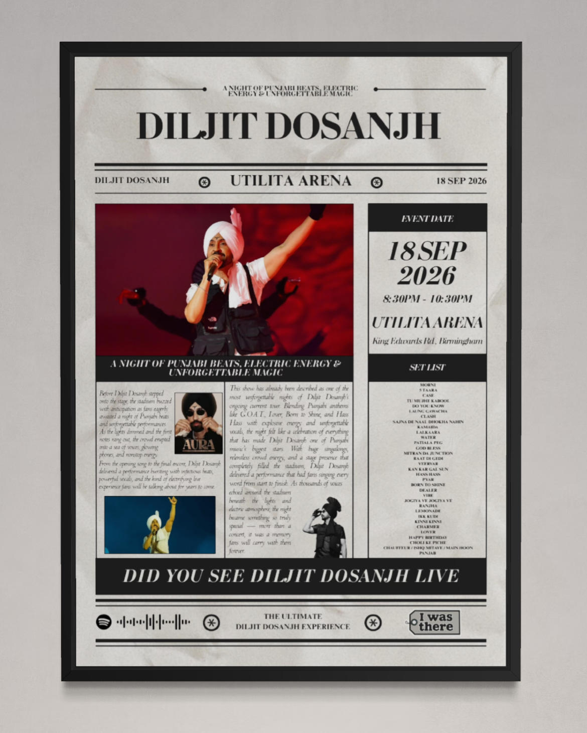 Diljit Dosanjh - Personalised Newspaper Style Concert Poster