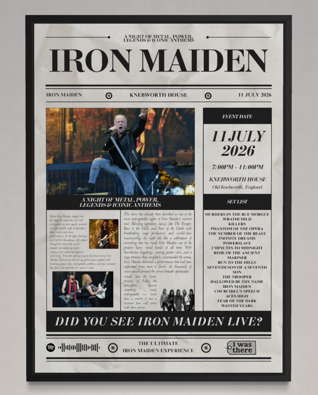 Iron Maiden - Personalised Newspaper Style Concert Poster