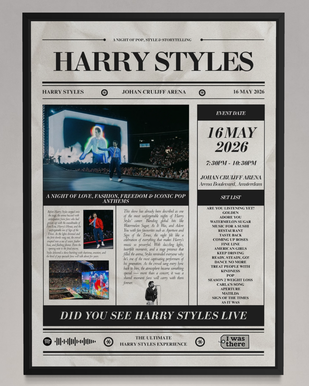 Harry Styles - Personalised Newspaper Style Concert Poster (Amsterdam Dates)
