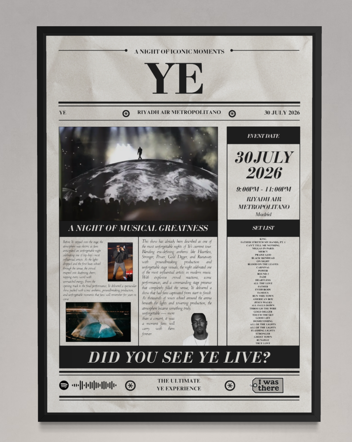 Kanye West - Personalised Newspaper Style Concert Poster