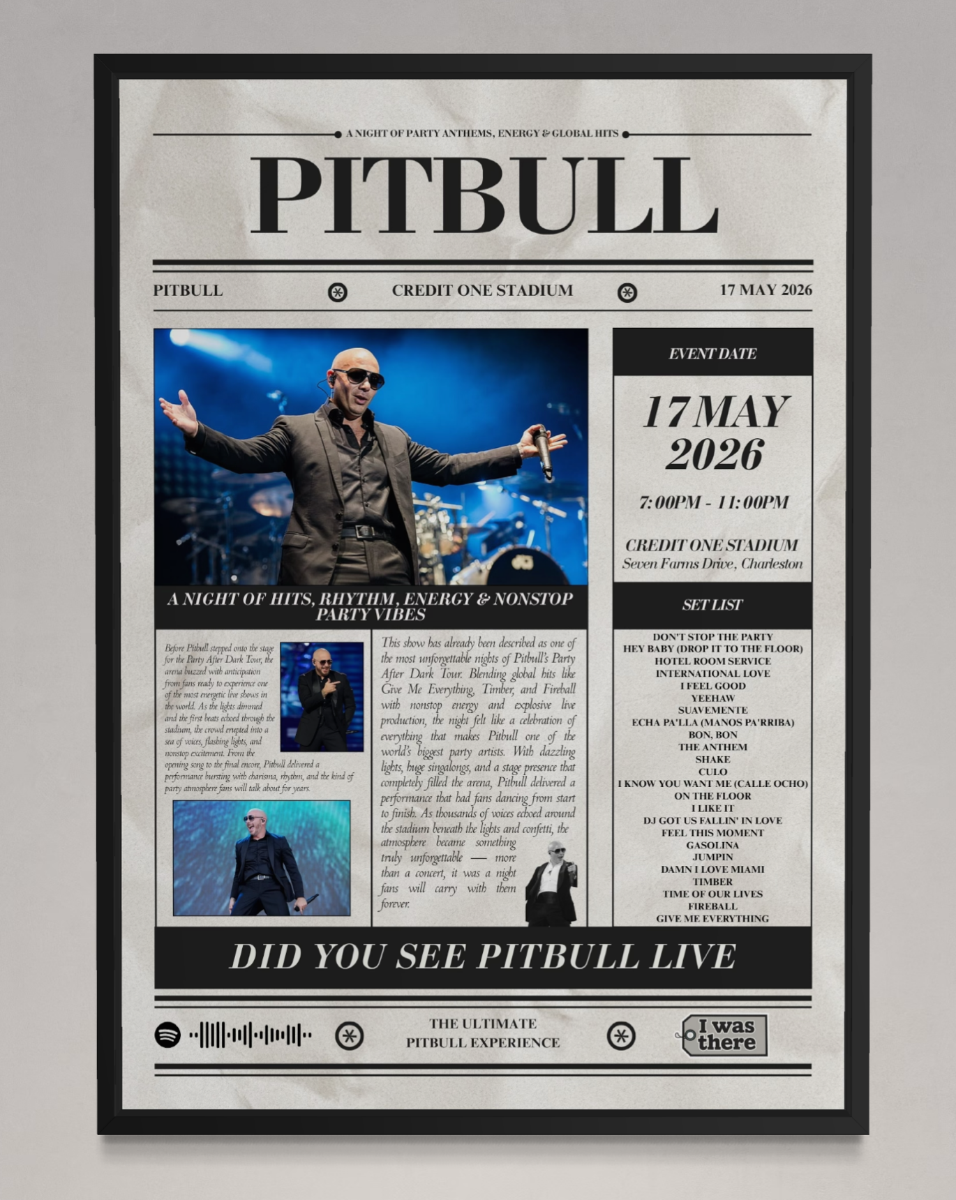 Pitbull - Personalised Newspaper Style Concert Poster