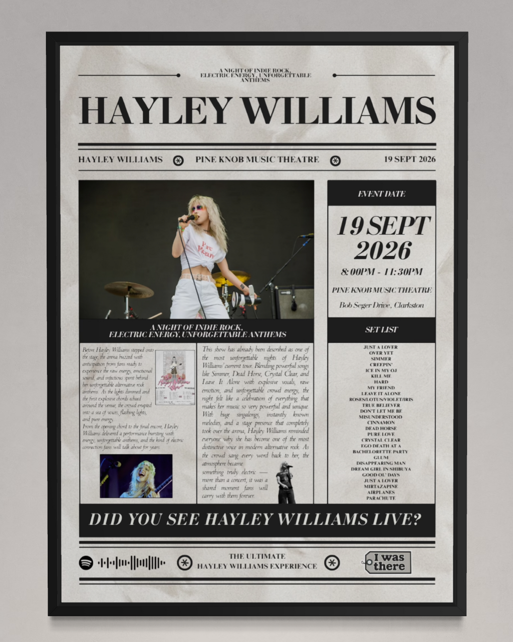 Hayley Williams - Personalised Newspaper Style Concert Poster (USA Tour)