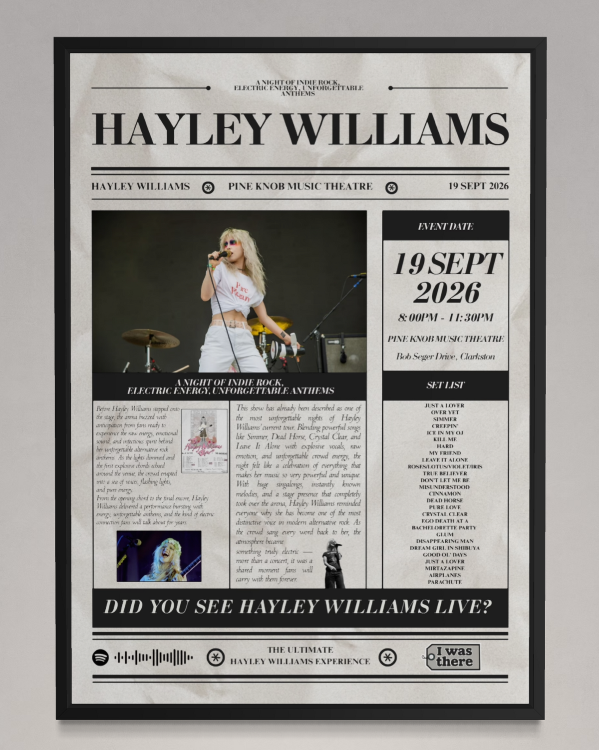 Hayley Williams - Personalised Newspaper Style Concert Poster (USA Tour)